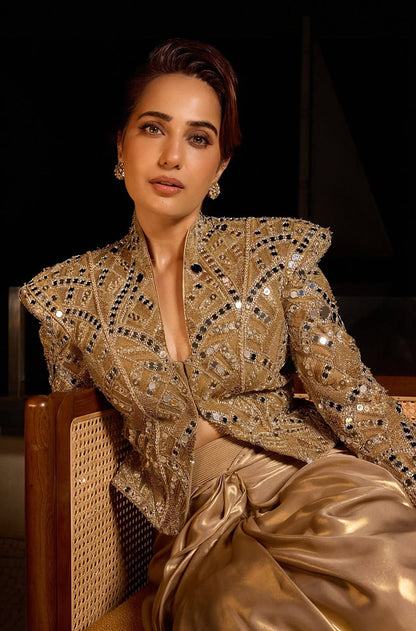Kusha Kapila in our Gold Mirror Peplum Jacket Skirt Set