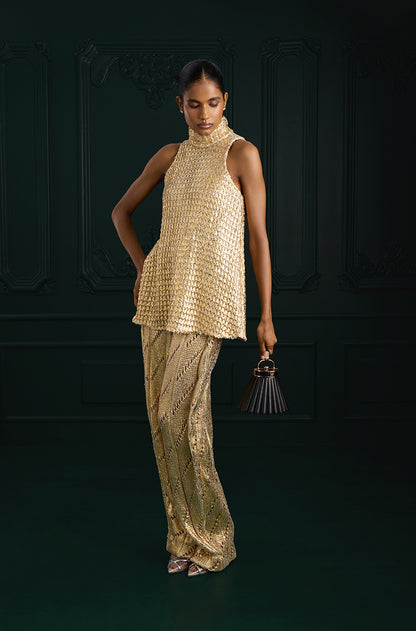 Gold Knit Turtleneck Knit Gold Foil Kurta Set