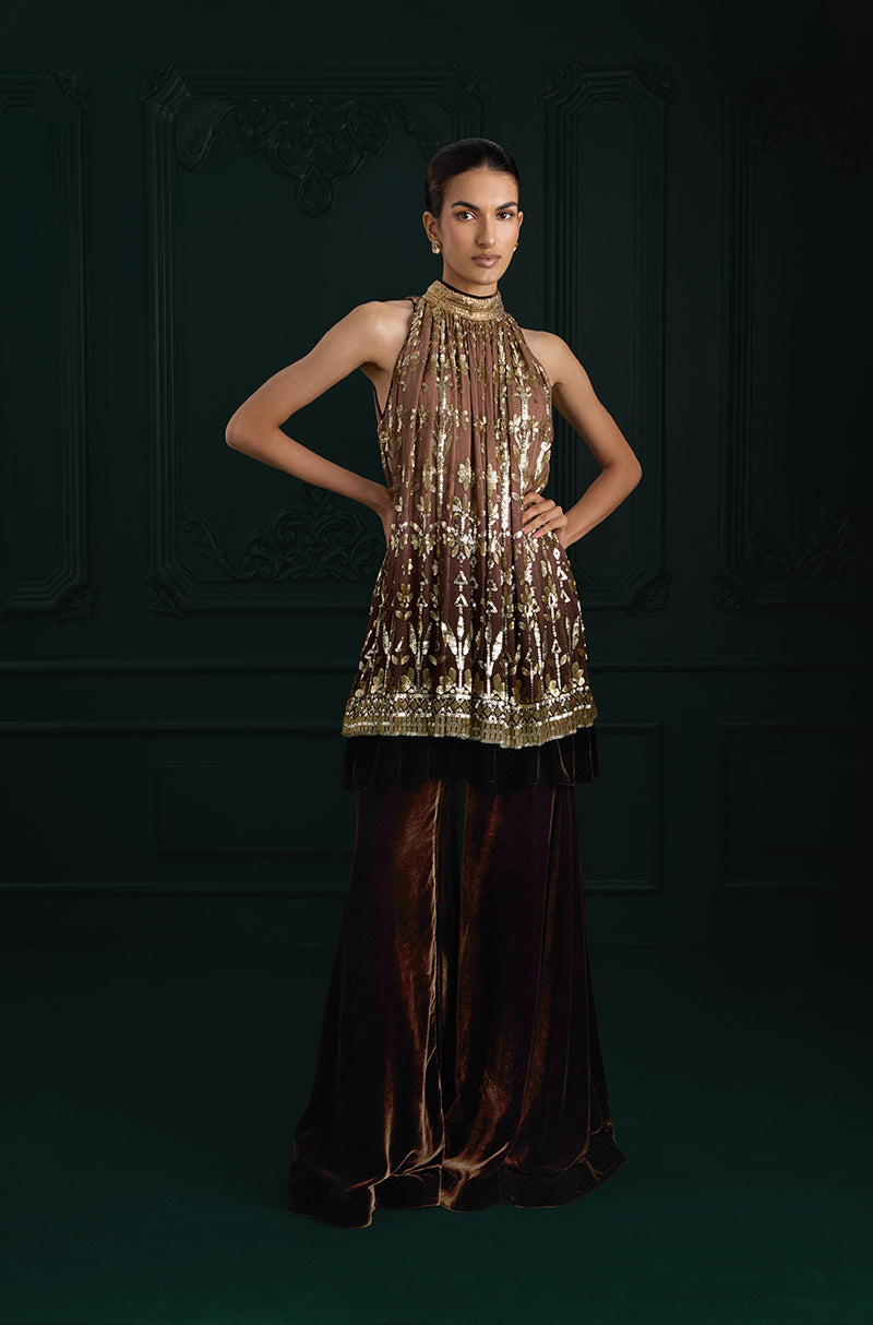 Light Brown Ombré Floral Embroidered Sequins In-Cut Kurta Set