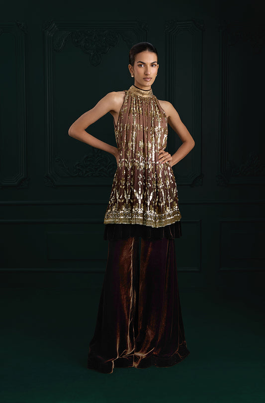 Light Brown Ombré Floral Embroidered Sequins In-Cut Kurta Set