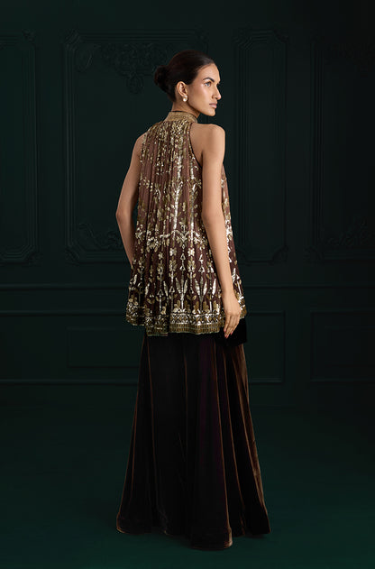 Light Brown Ombré Floral Embroidered Sequins In-Cut Kurta Set