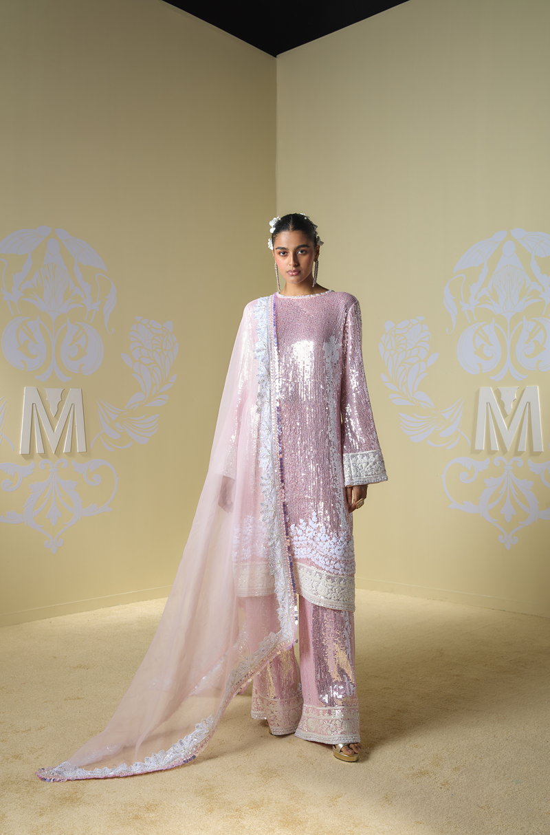 Metallic Pink Sequin Kashmiri Embroidered Kurta Set