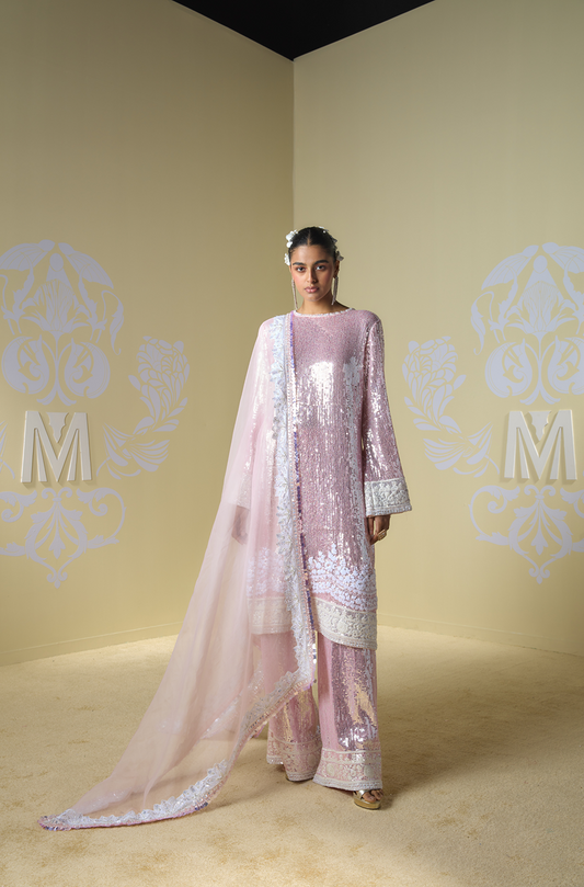 Metallic Pink Sequin Kashmiri Embroidered Kurta Set