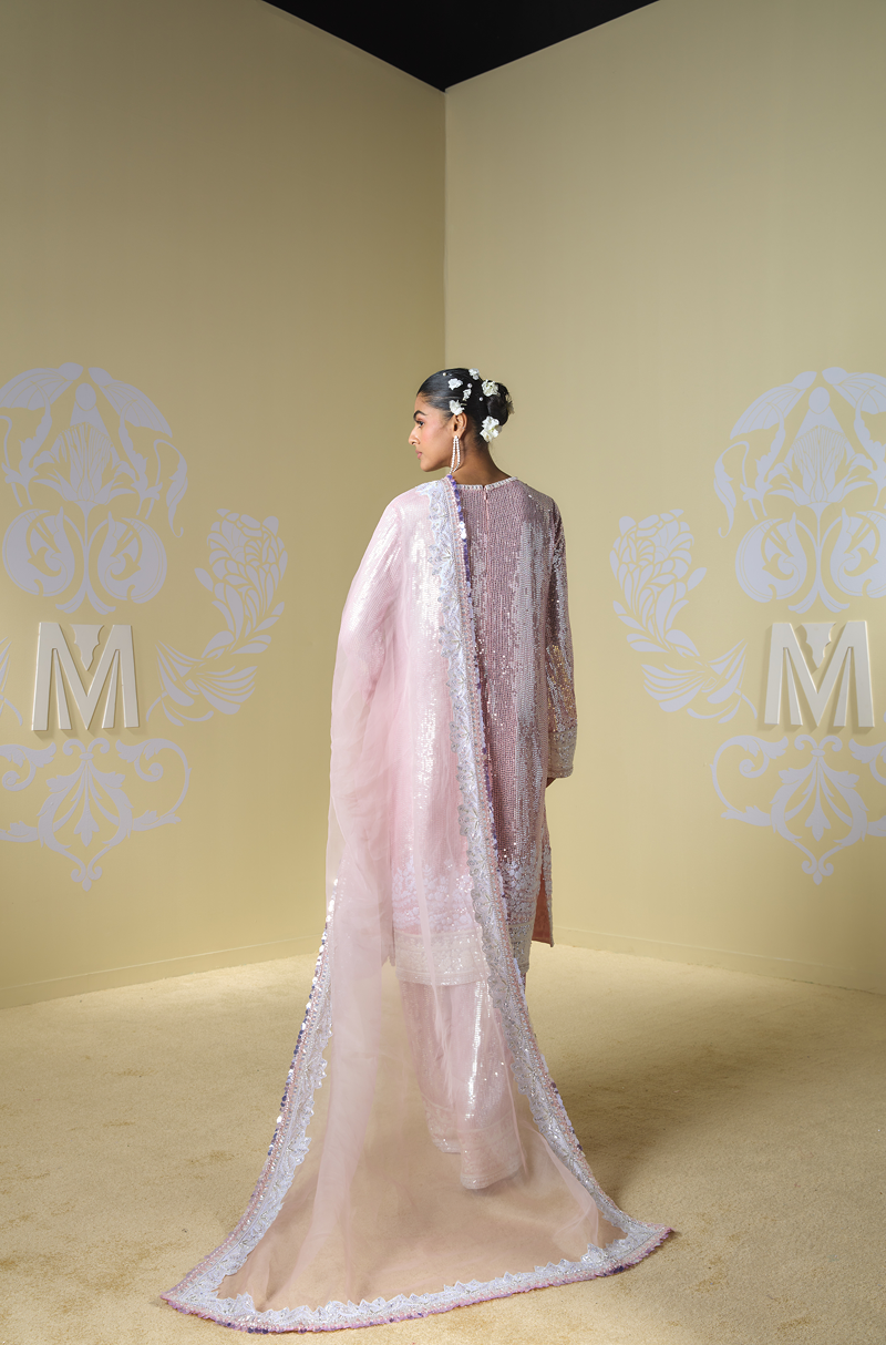 Metallic Pink Sequin Kashmiri Embroidered Kurta Set
