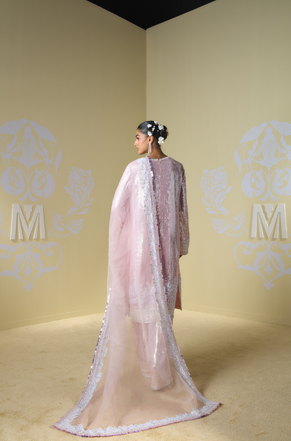 Metallic Pink Sequin Kashmiri Embroidered Kurta Set