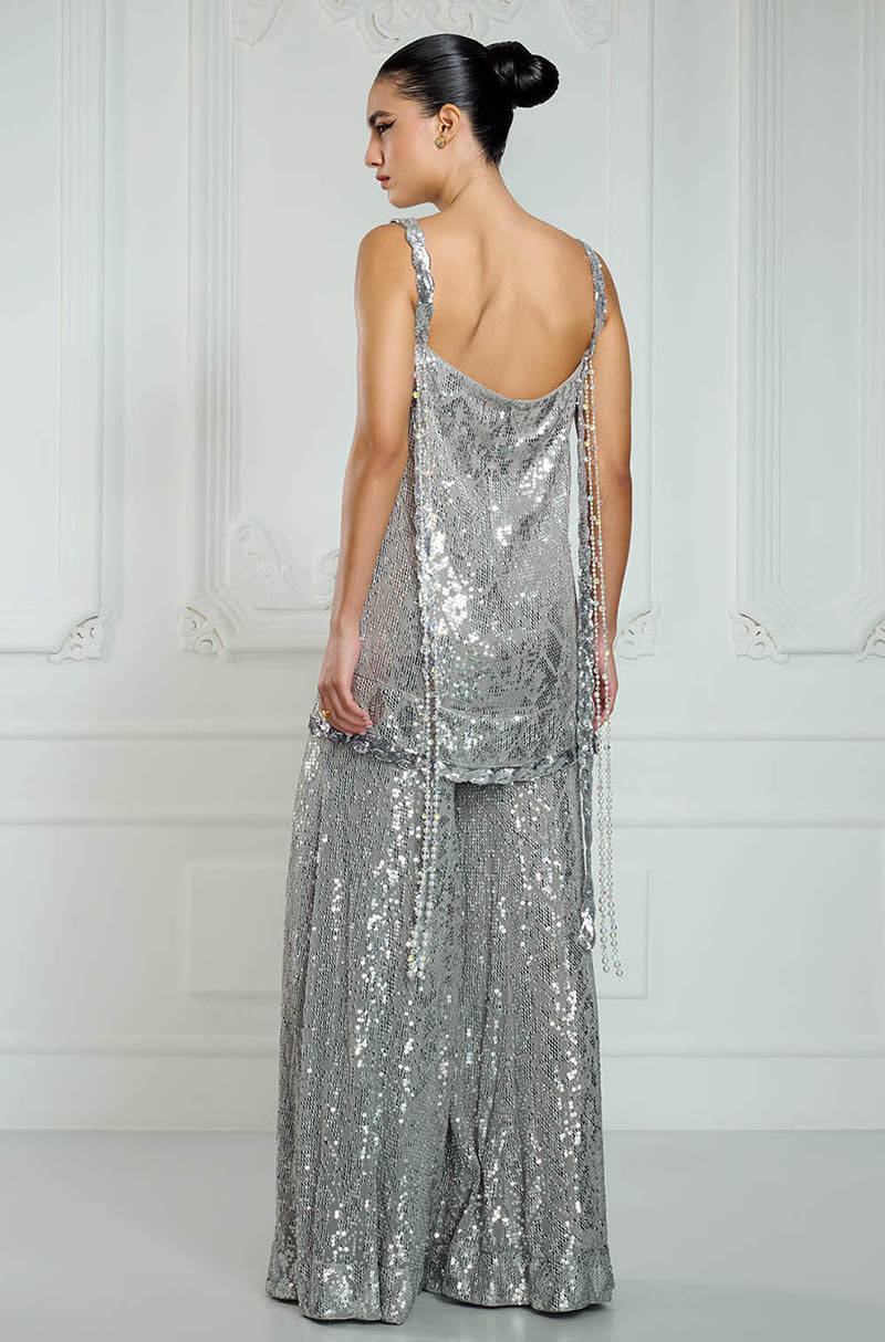 Light Grey Sequin Embroidered Strappy Kurta Set