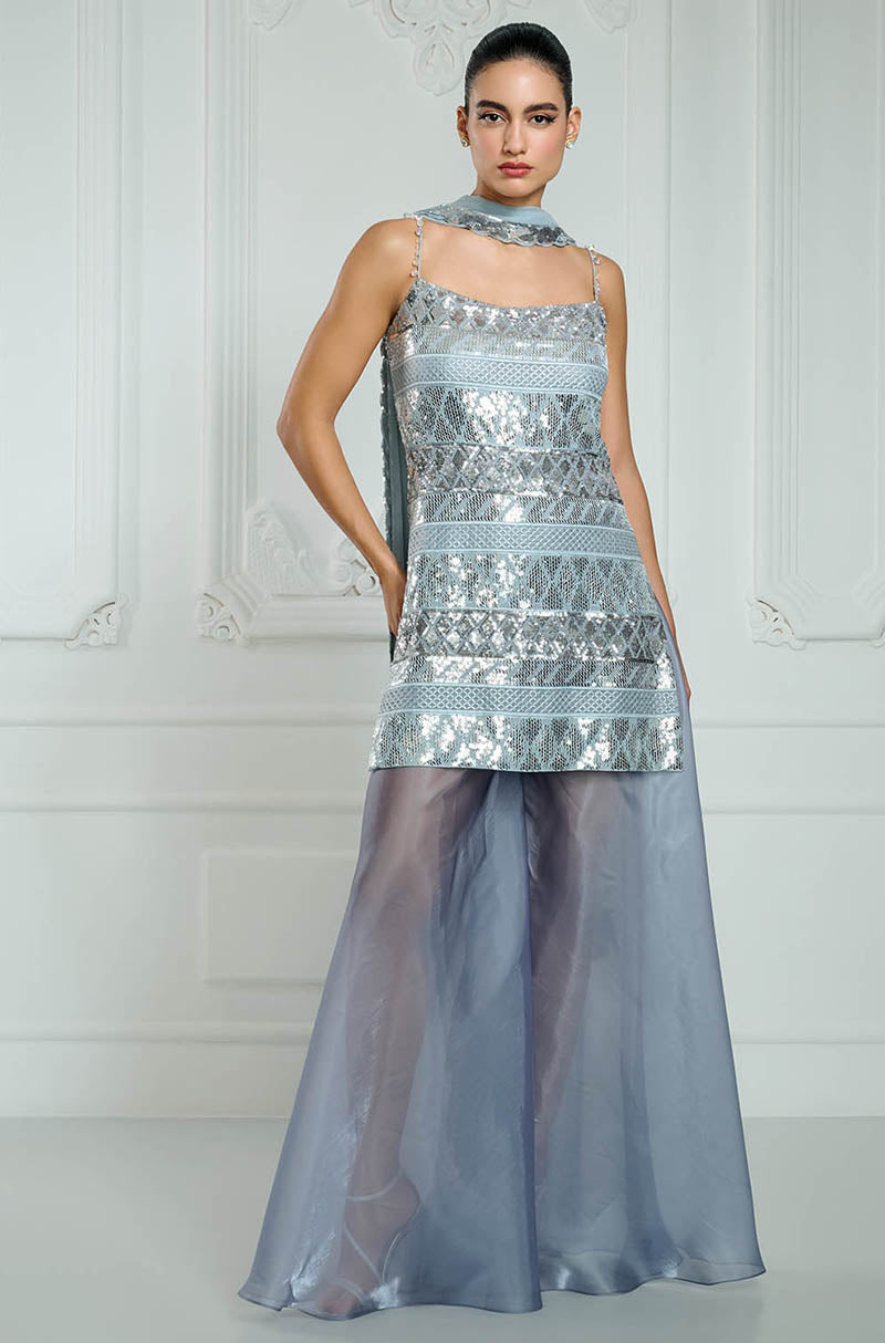 Light Grey-Blue Sequin Embroidered Kurta Set