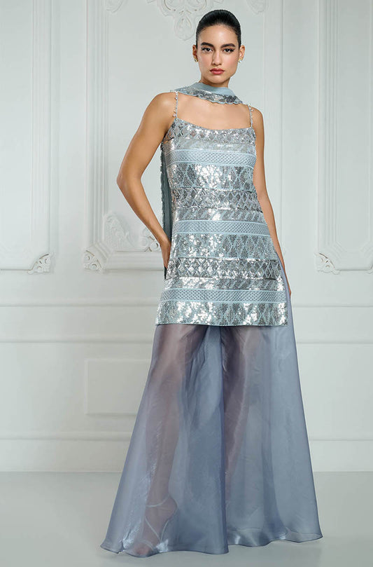Light Grey-Blue Sequin Embroidered Kurta Set