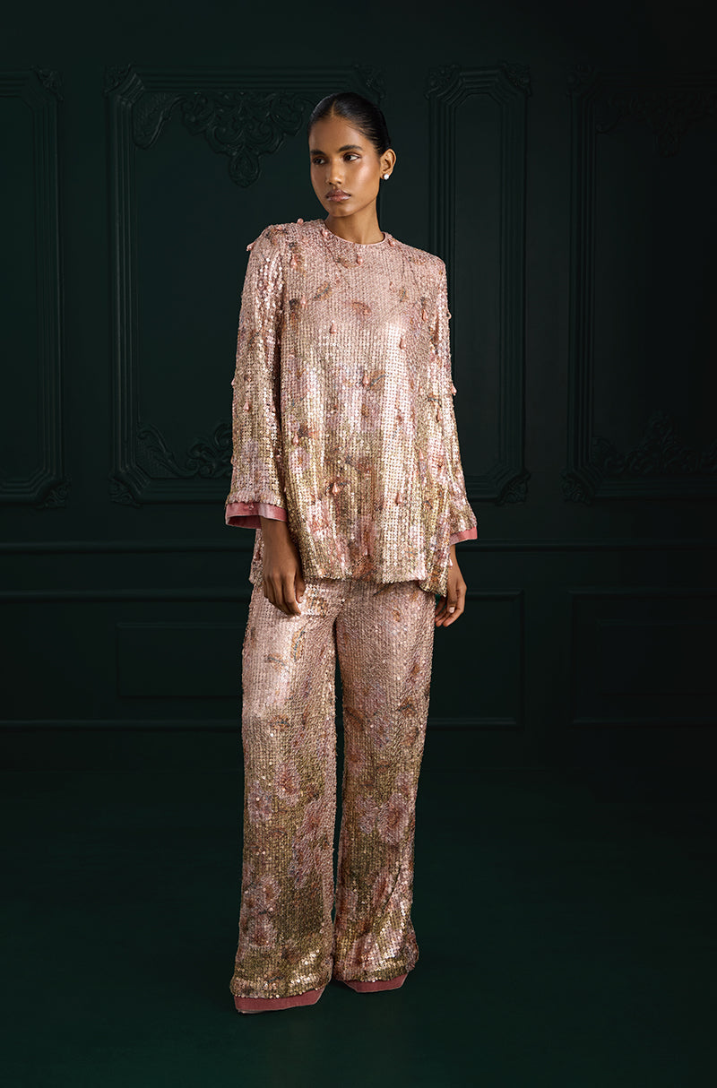 Rose Gold Sequin Sheeted Printed Lace Tunic Set