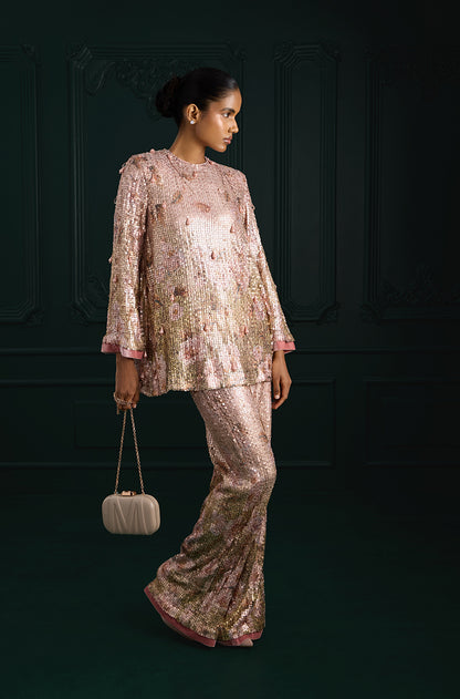 Rose Gold Sequin Sheeted Printed Lace Tunic Set