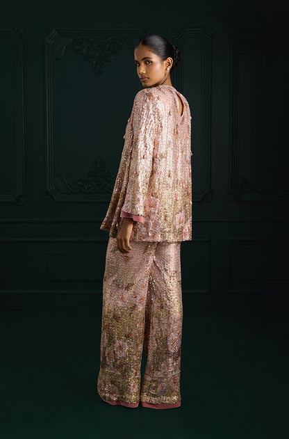 Rose Gold Sequin Sheeted Printed Lace Tunic Set