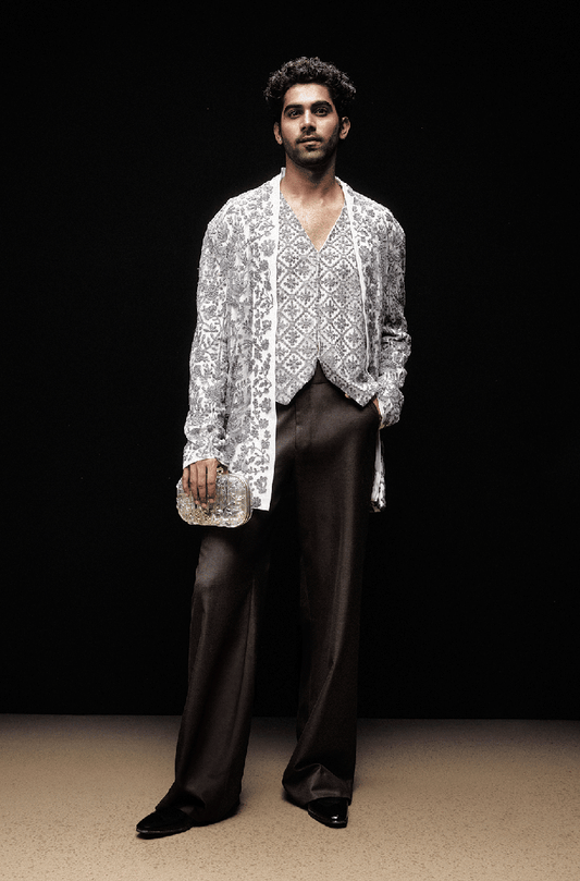 Ivory with Grey Floral Mijwan Tulle Jacket Set