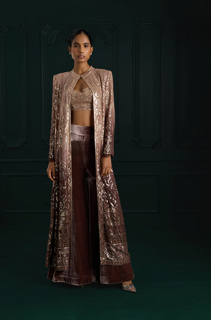 Light Brown Ombré Long Jacket Aztec Sequins Embroidered Sharara Set