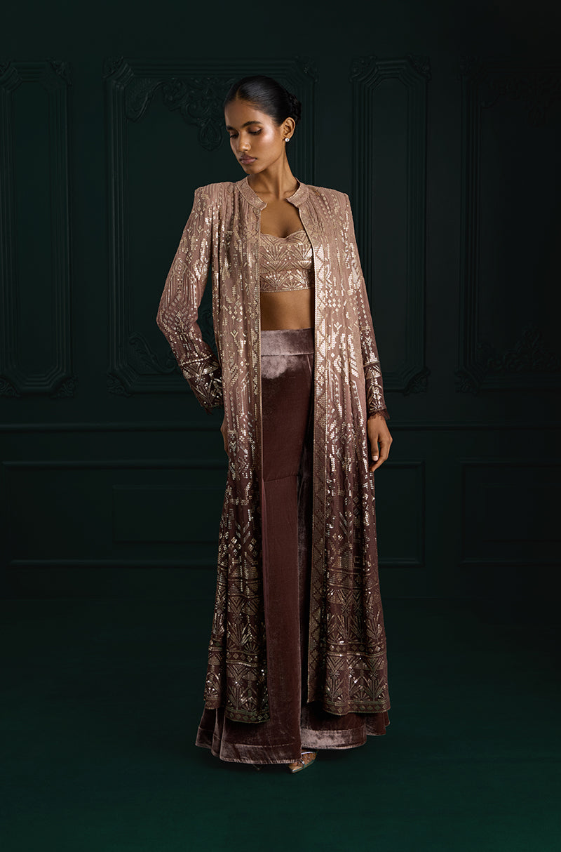 Light Brown Ombré Long Jacket Aztec Sequins Embroidered Sharara Set