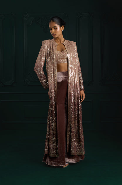 Light Brown Ombré Long Jacket Aztec Sequins Embroidered Sharara Set