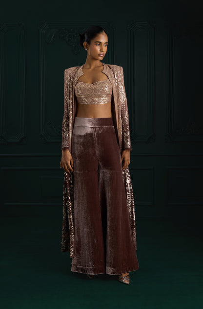 Light Brown Ombré Long Jacket Aztec Sequins Embroidered Sharara Set