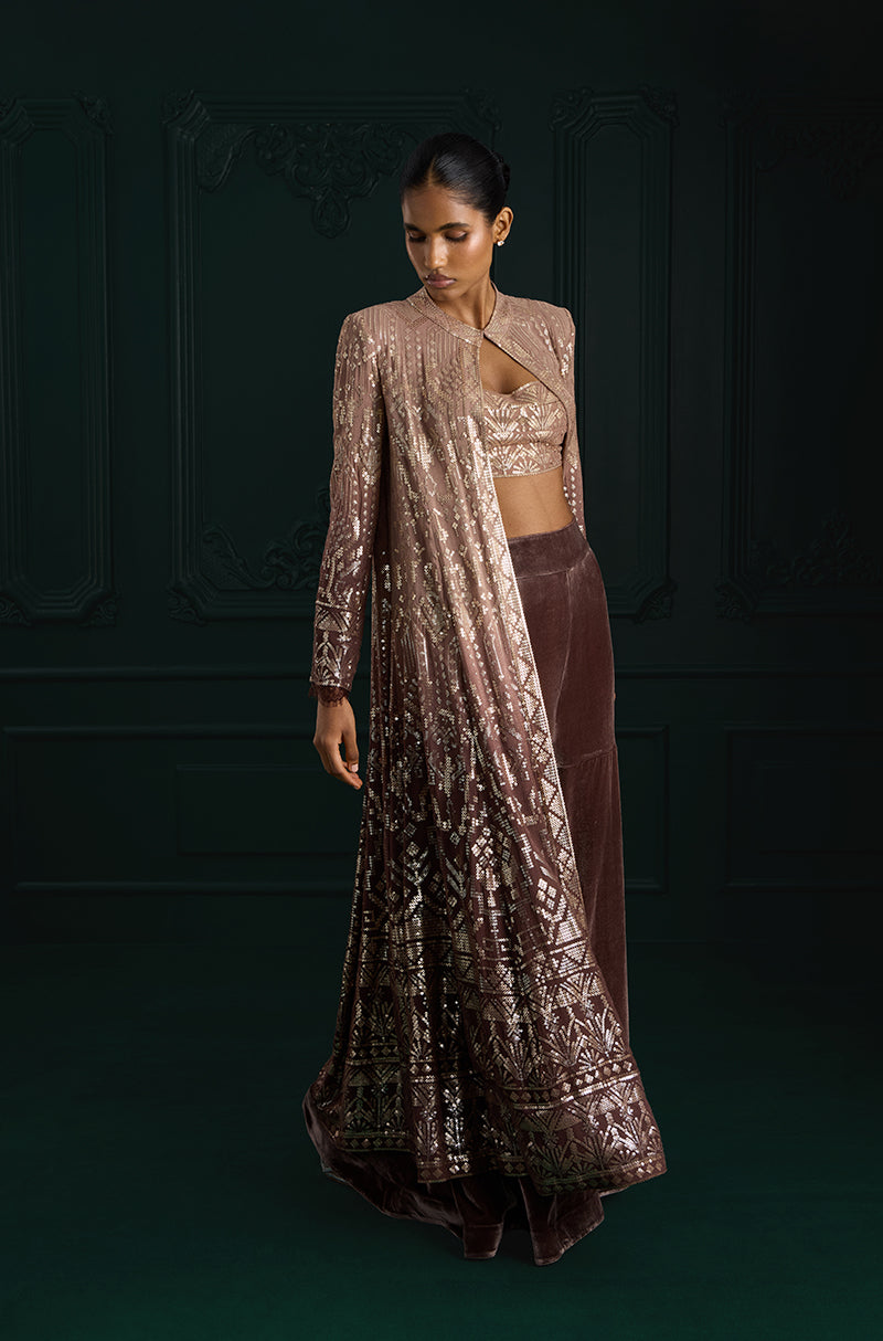 Light Brown Ombré Long Jacket Aztec Sequins Embroidered Sharara Set