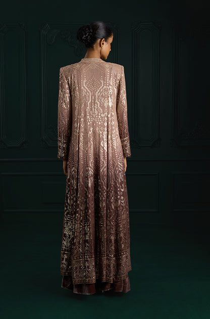 Light Brown Ombré Long Jacket Aztec Sequins Embroidered Sharara Set