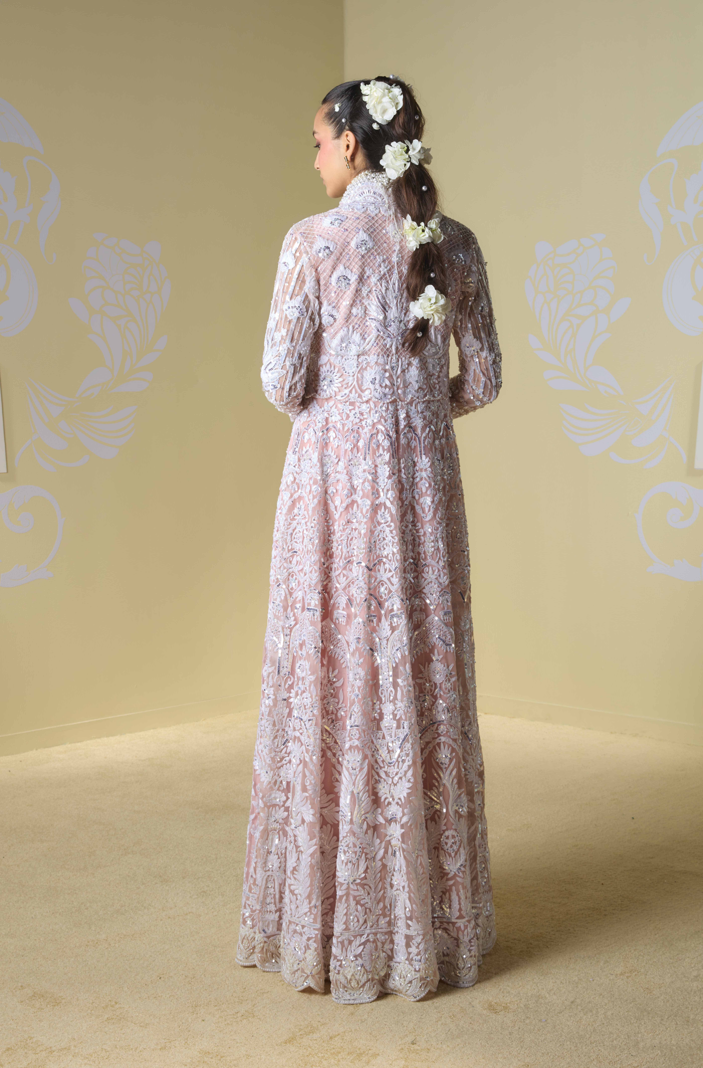 Soft Pink with Ivory Kashmiri Embroidered Jacket Set