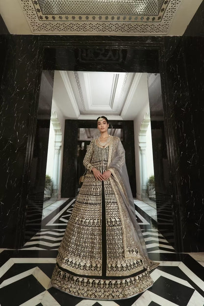 Rich Black Raw Silk Embroidered Jacket Lehenga Set