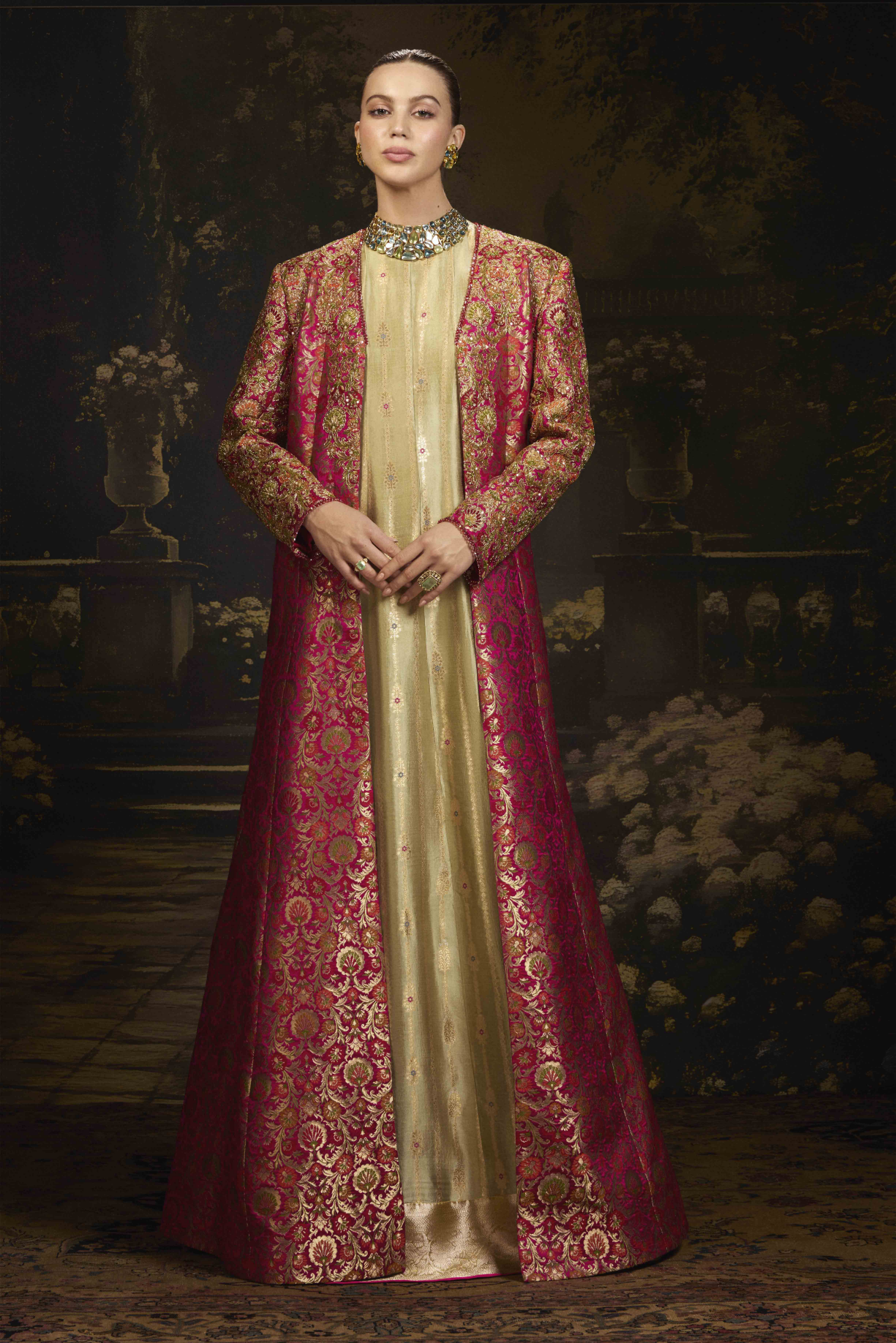 Pink Long Brocade Jacket & Gown Set