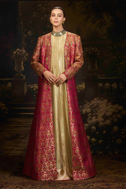 Pink Long Brocade Jacket & Gown Set