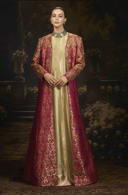 Pink Long Brocade Jacket & Gown Set