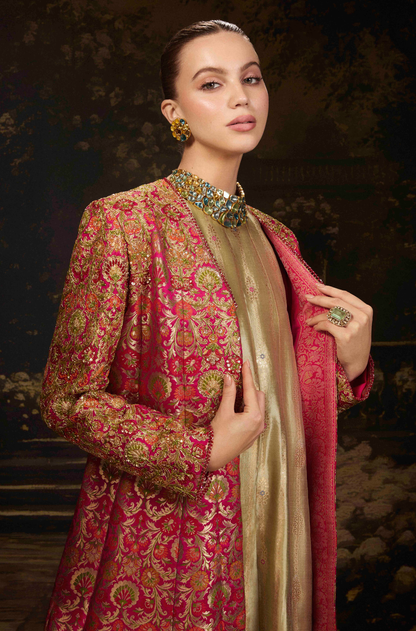 Pink Long Brocade Jacket & Gown Set