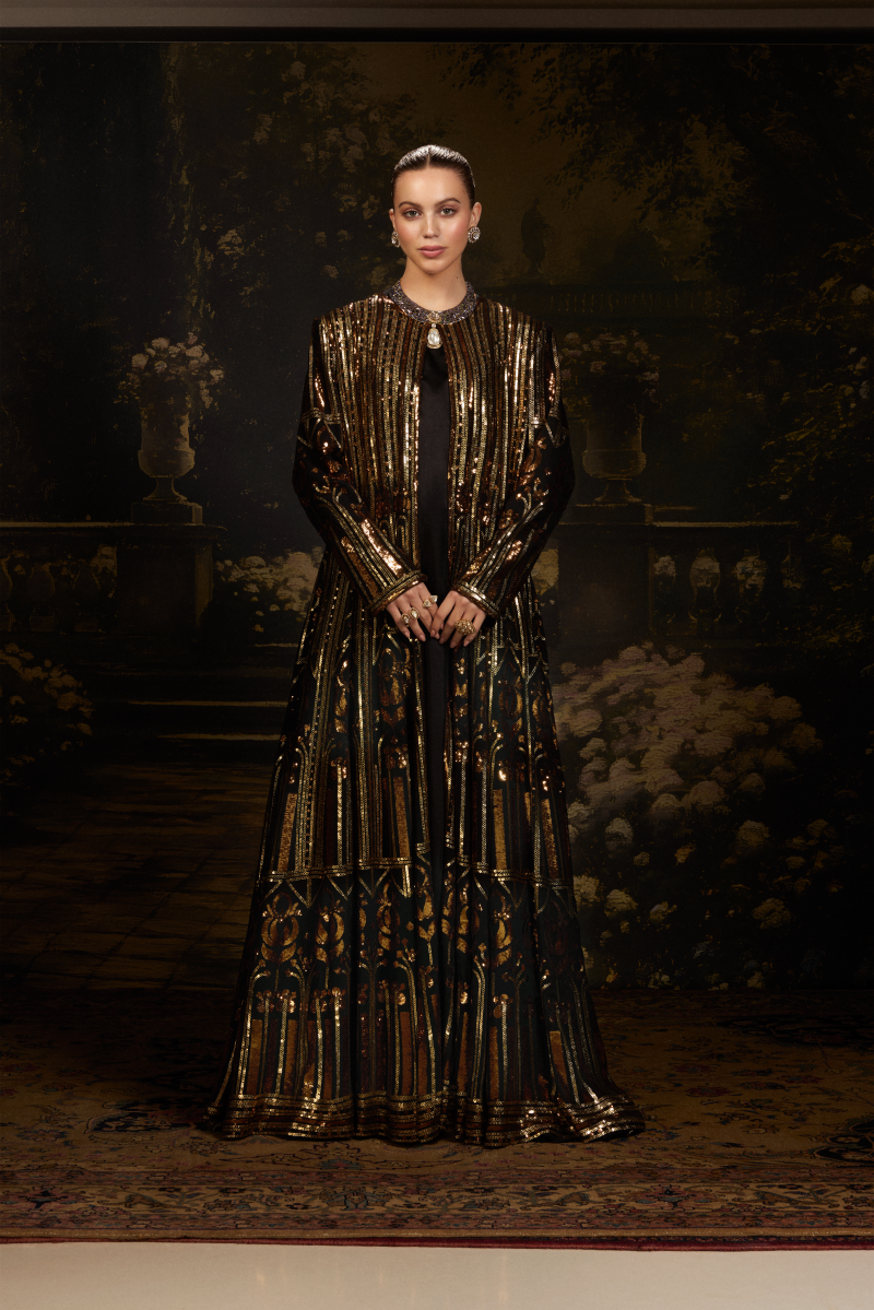 Black with Gold-Copper Sequin Georgette Jacket Gown