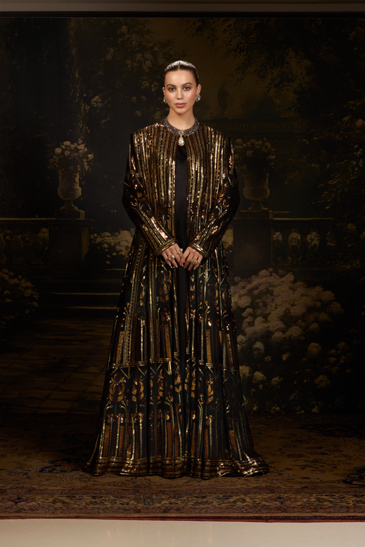 Black with Gold-Copper Sequin Georgette Jacket Gown