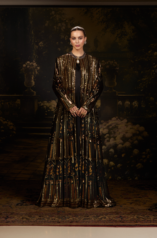 Black with Gold-Copper Sequin Georgette Jacket Gown