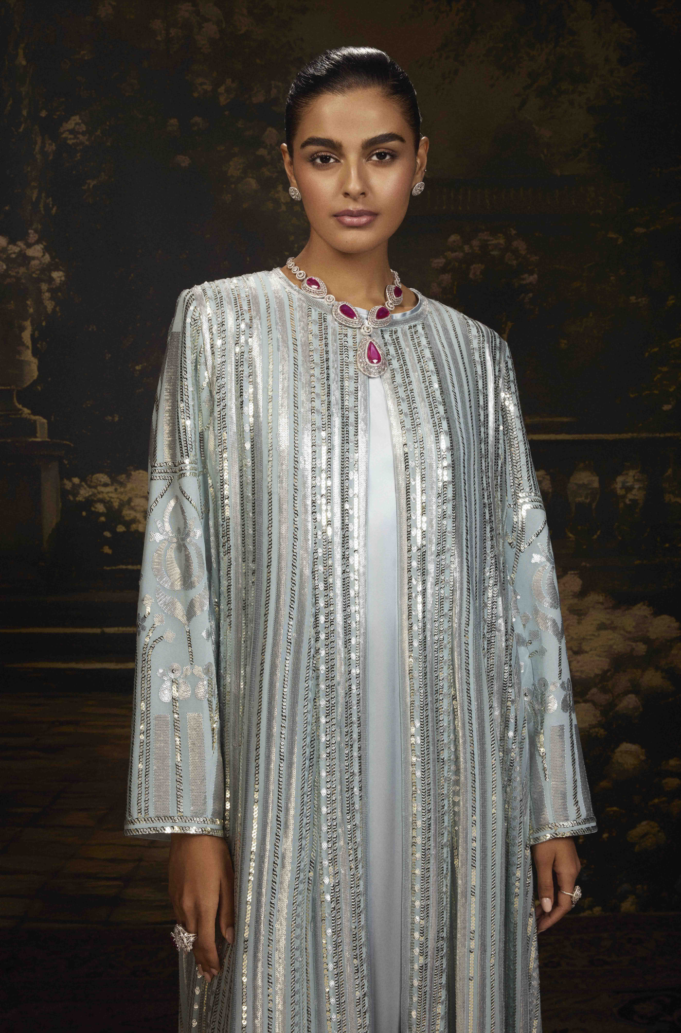 Ice Blue Georgette Jacket Gown