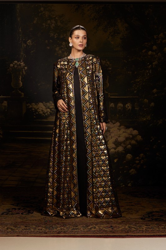 Black Geometrical Sequin Georgette Jacket Gown
