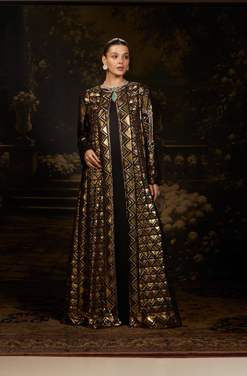 Black Geometrical Sequin Georgette Jacket Gown