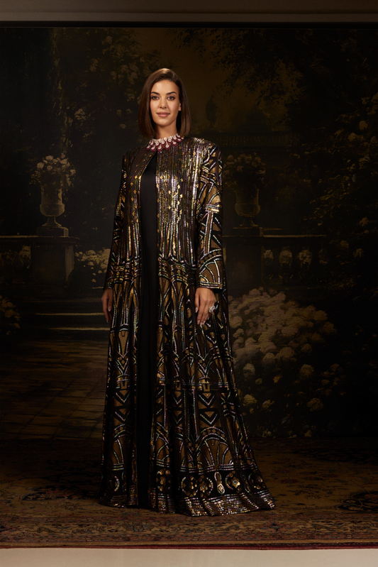 Black with Rainbow Sequin Georgette Jacket Gown