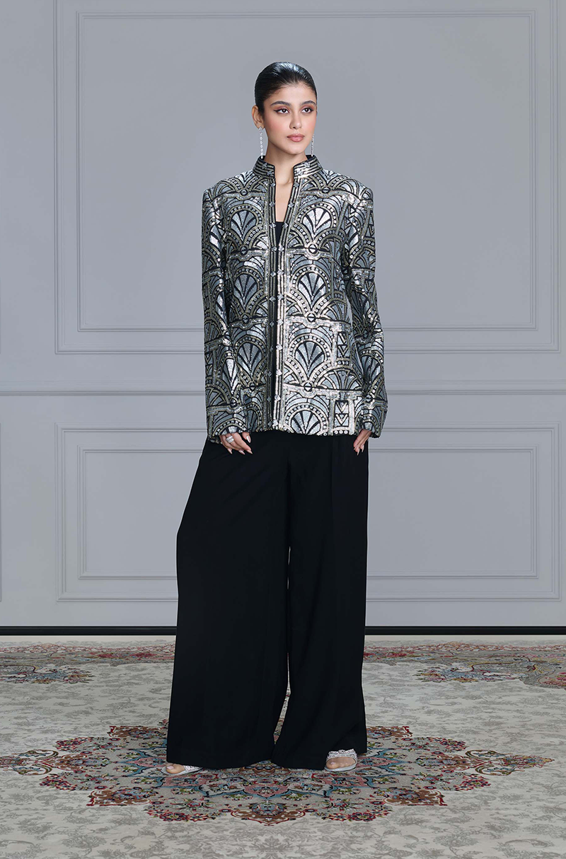 Black Sequin Embroidered Jacket Set