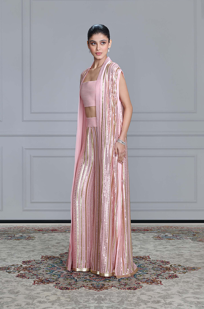 Peach Sequin Embroidered Cape Set