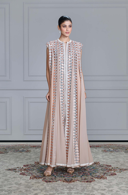 Beige Georgette Sequin Embroidered Jacket Set