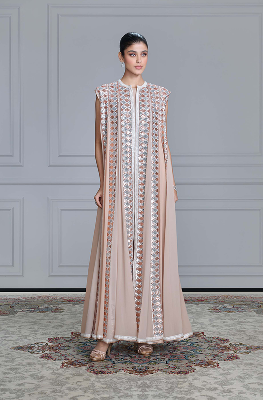 Beige Georgette Sequin Embroidered Jacket Set