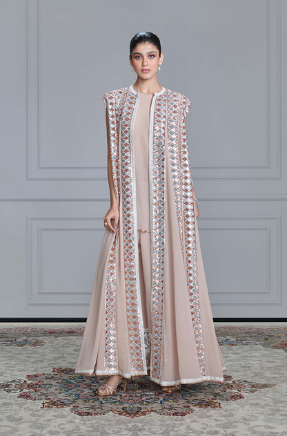 Beige Georgette Sequin Embroidered Jacket Set