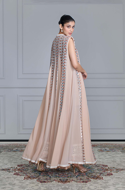 Beige Georgette Sequin Embroidered Jacket Set