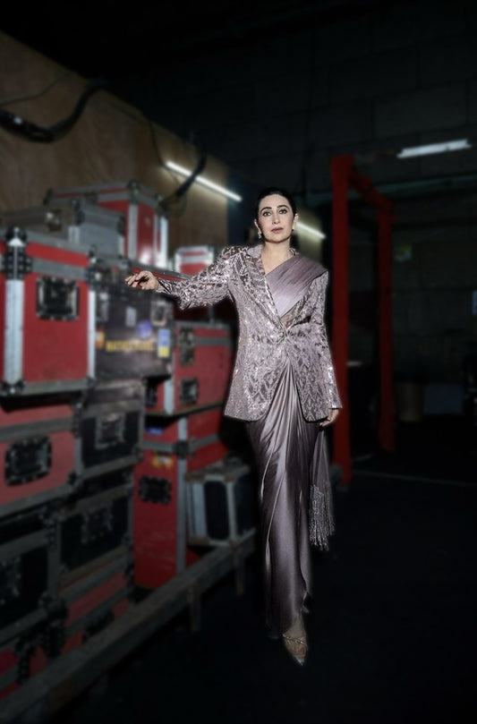 Karisma Kapoor in our Old Rose Satin Saree Set