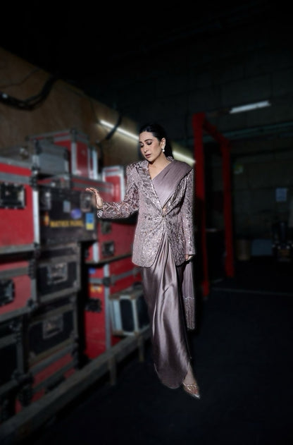 Karisma Kapoor in our Old Rose Satin Saree Set