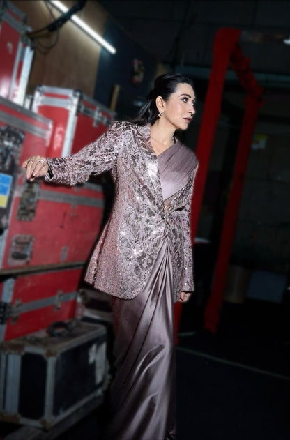 Karisma Kapoor in our Old Rose Satin Saree Set