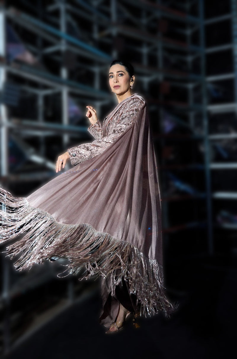 Karisma Kapoor in our Old Rose Satin Saree Set