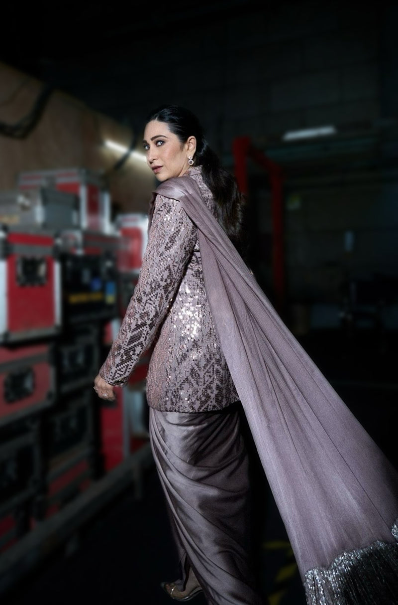 Karisma Kapoor in our Old Rose Satin Saree Set