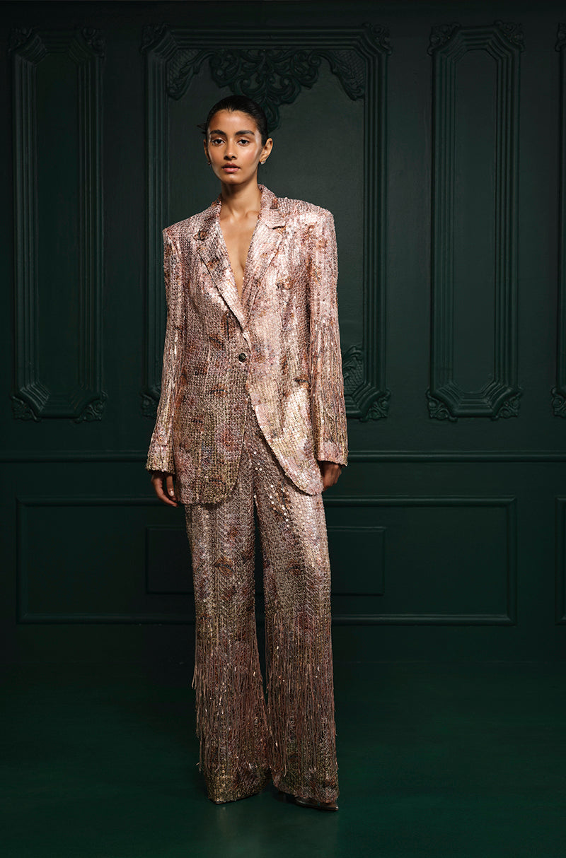 Rose Gold Sequin Sheeted Printed Lace Blazer Set