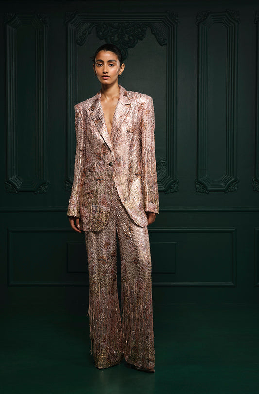 Rose Gold Sequin Sheeted Printed Lace Blazer Set