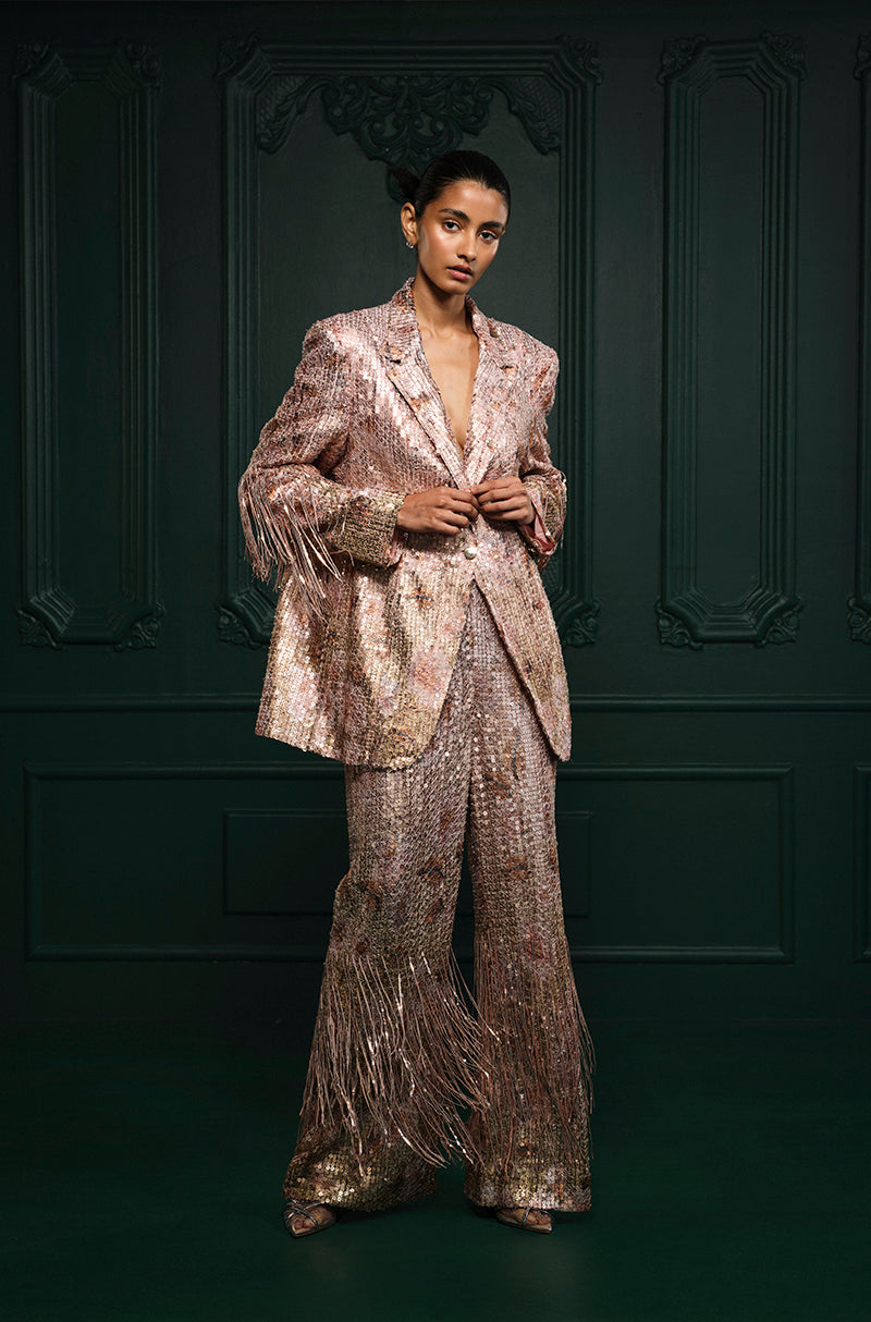 Rose Gold Sequin Sheeted Printed Lace Blazer Set