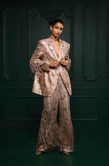Rose Gold Sequin Sheeted Printed Lace Blazer Set